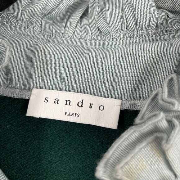 Sandro Bottle Green Ruffle Neck 100% Wool 100% Cotton Layered Pullover Sweater L - Picture 8 of 12